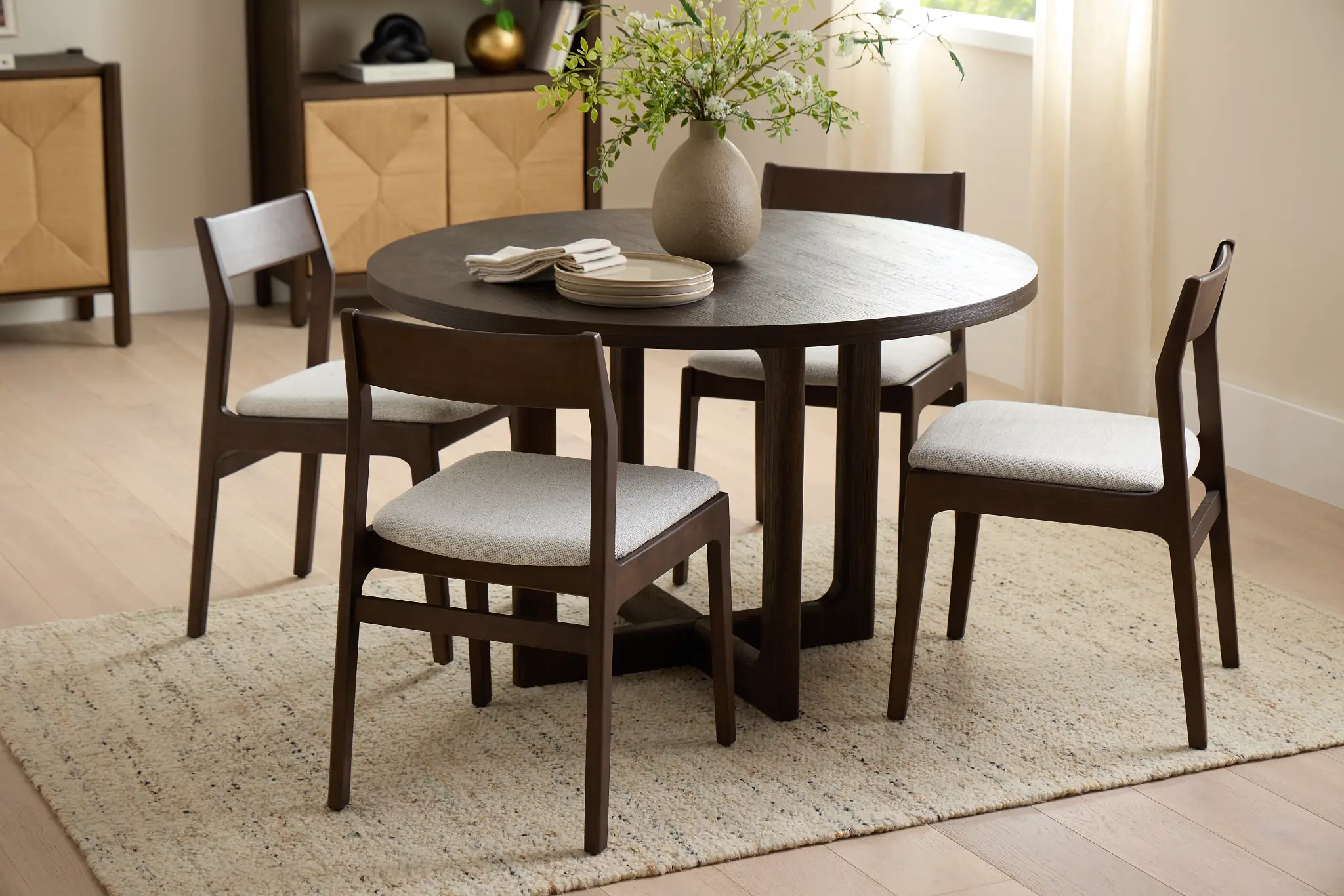 Santorini Dark Tone Round Table & 4 Upholstered Chairs Santorini Dark Tone Round Table & 4 Upholstered Chairs