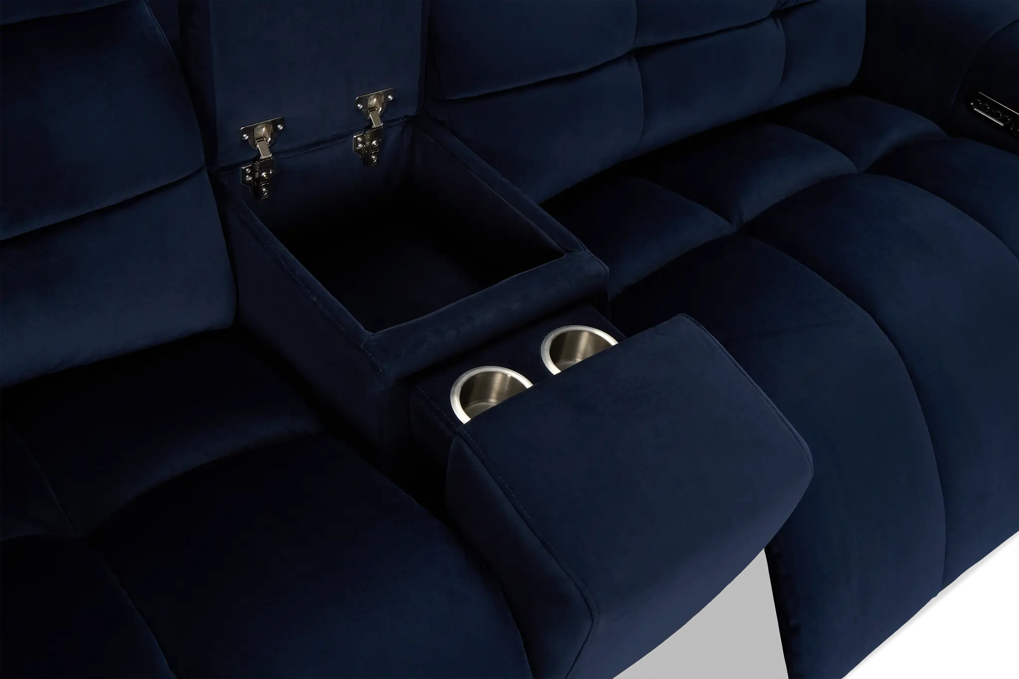 Gemma Navy Velvet Power Reclining Console Sofa Gemma Navy Velvet Power Reclining Console Sofa