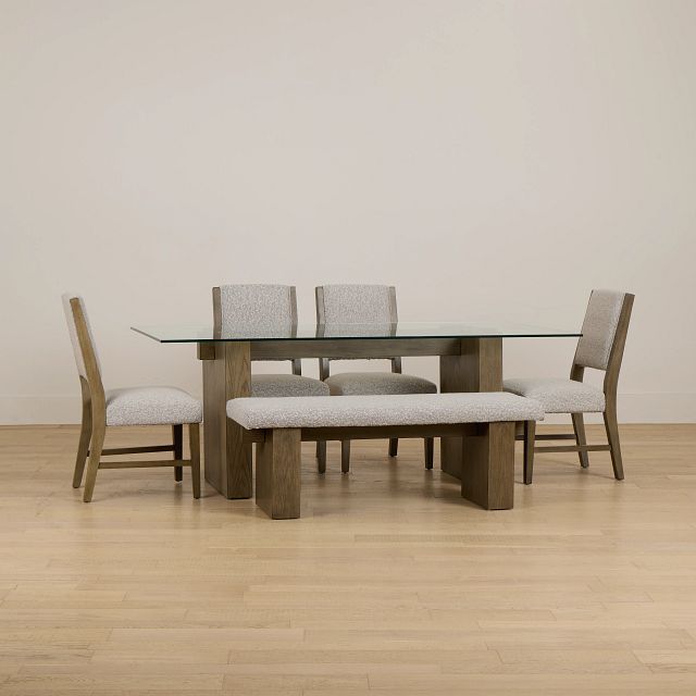 Vance Glass Rect Table With 4 Upholstered Side Chairs & Bench
