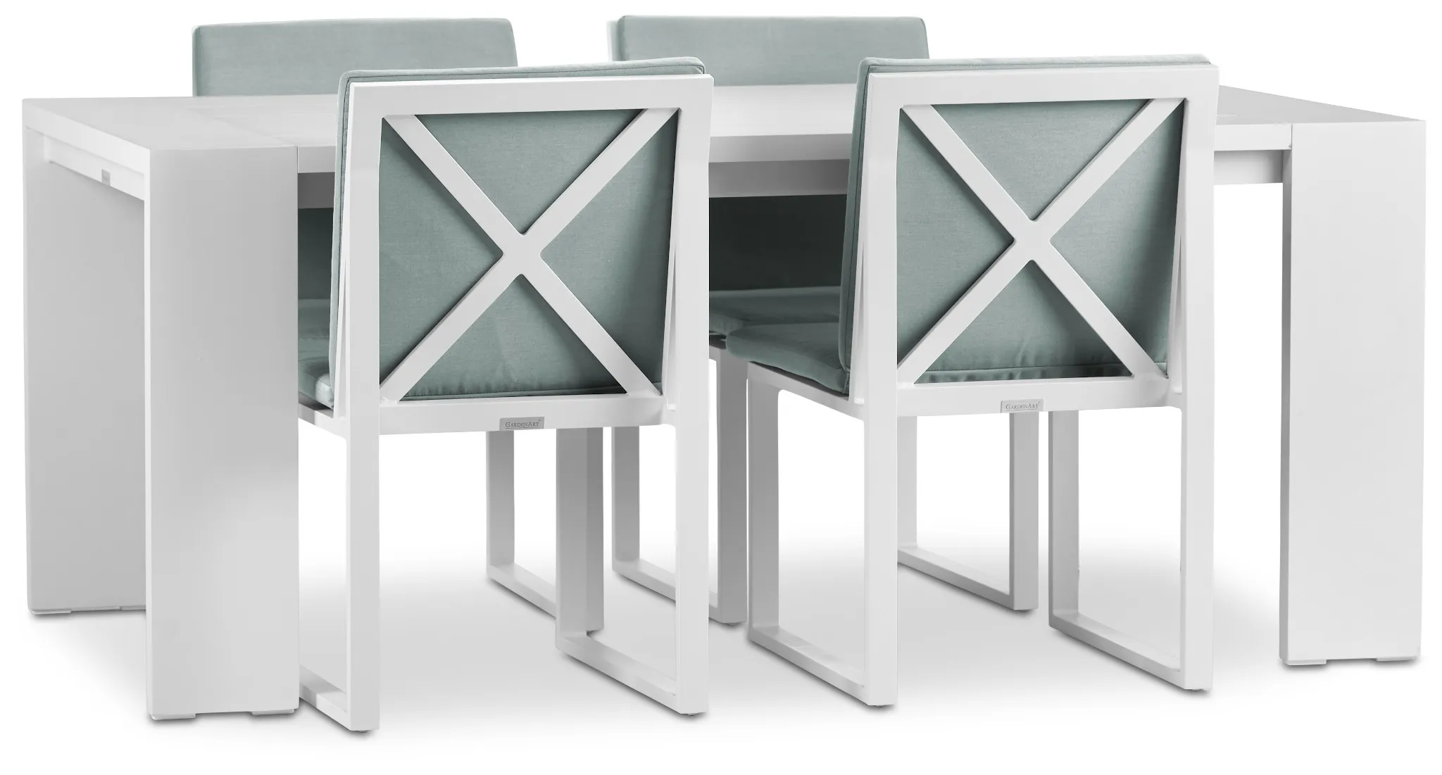 Linear White Teal 70" Aluminum Table & 4 Cushioned Side Chairs