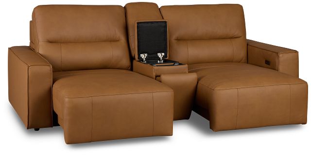 Rudy Brown Lthr/vinyl Power Extension Chaise Console Loveseat