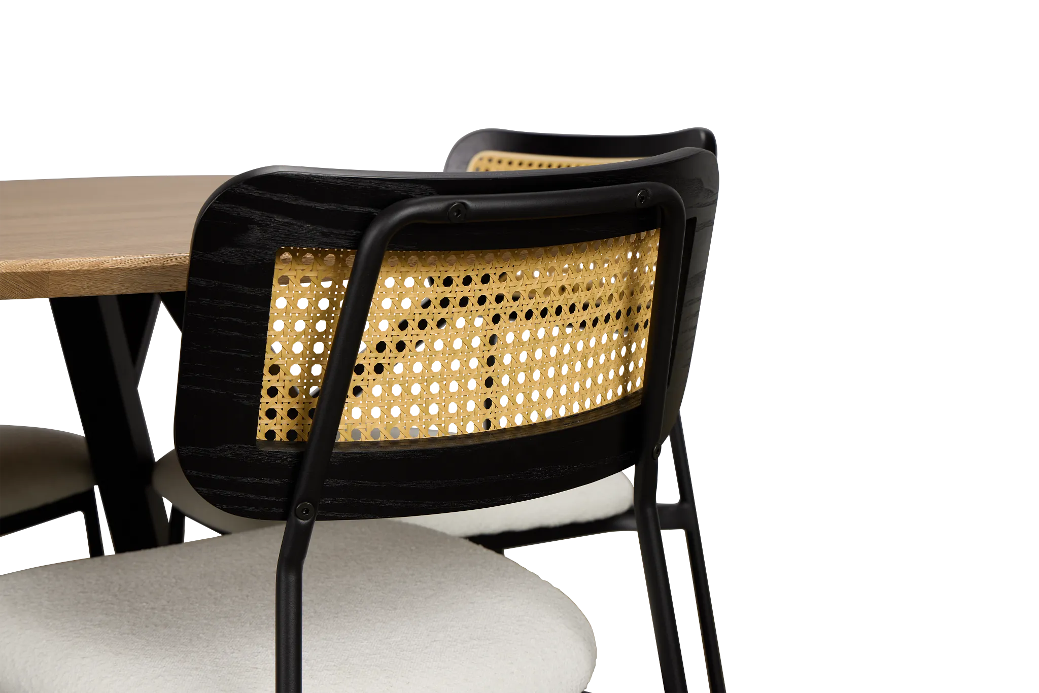 Lynden Light Tone Round Table & 4 White Woven Upholstered Side Chairs