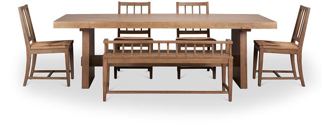 Provo Mid Tone Trestle Table, 4 Woven Chairs & Bench