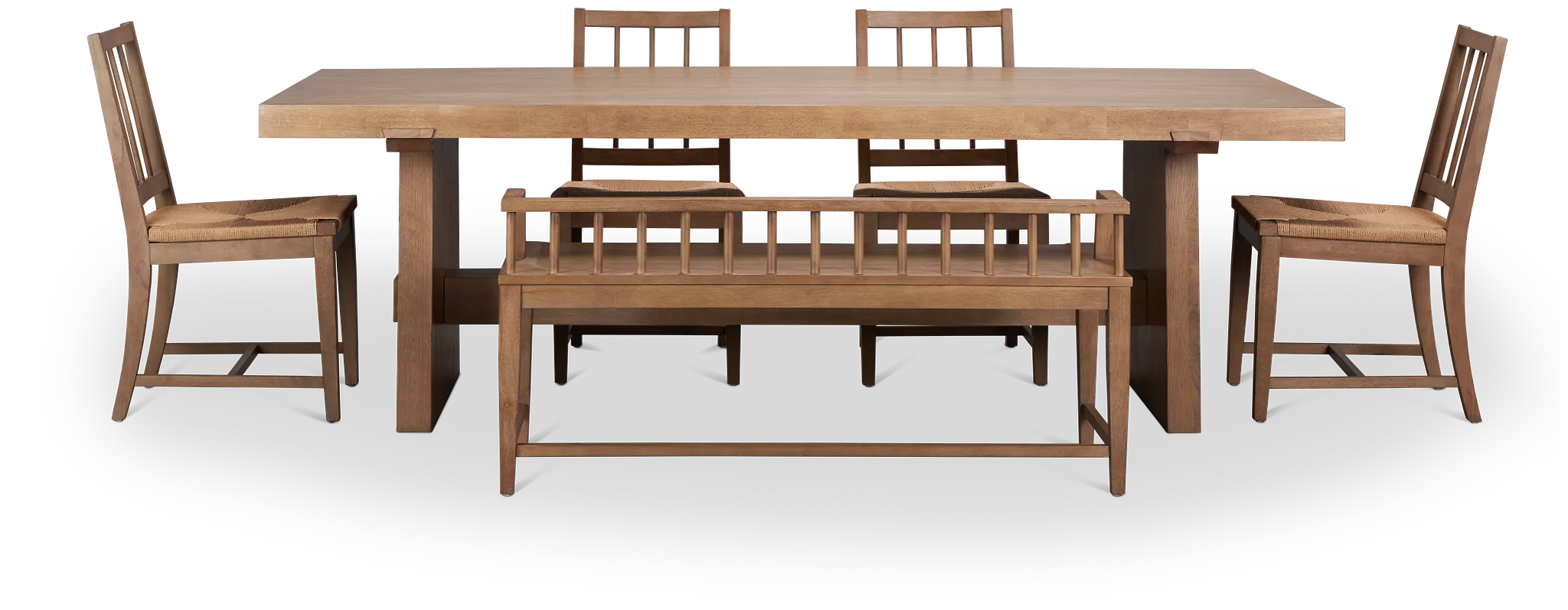 Provo Mid Tone Trestle Table, 4 Woven Chairs & Bench