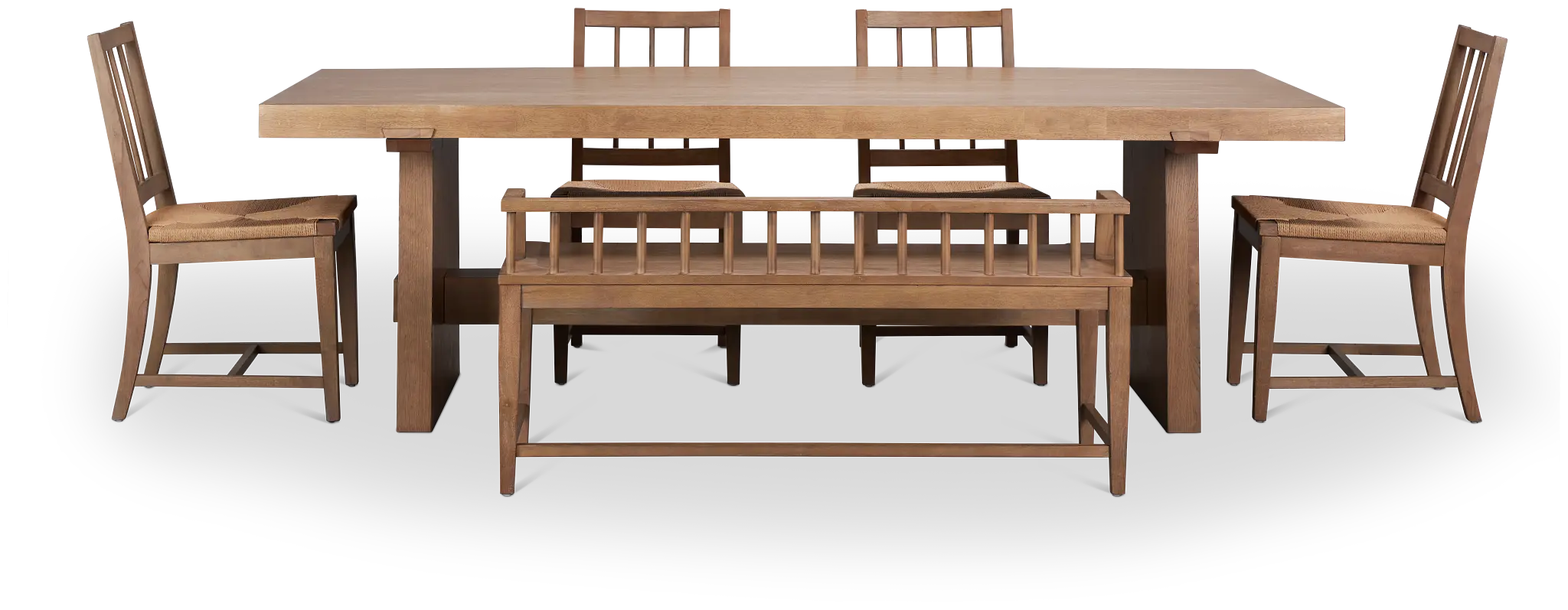 Provo Mid Tone Trestle Table, 4 Woven Chairs & Bench Provo Mid Tone Trestle Table, 4 Woven Chairs & Bench