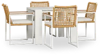 Sunrise White 35" Square Table & 4 Teak Arm Chairs