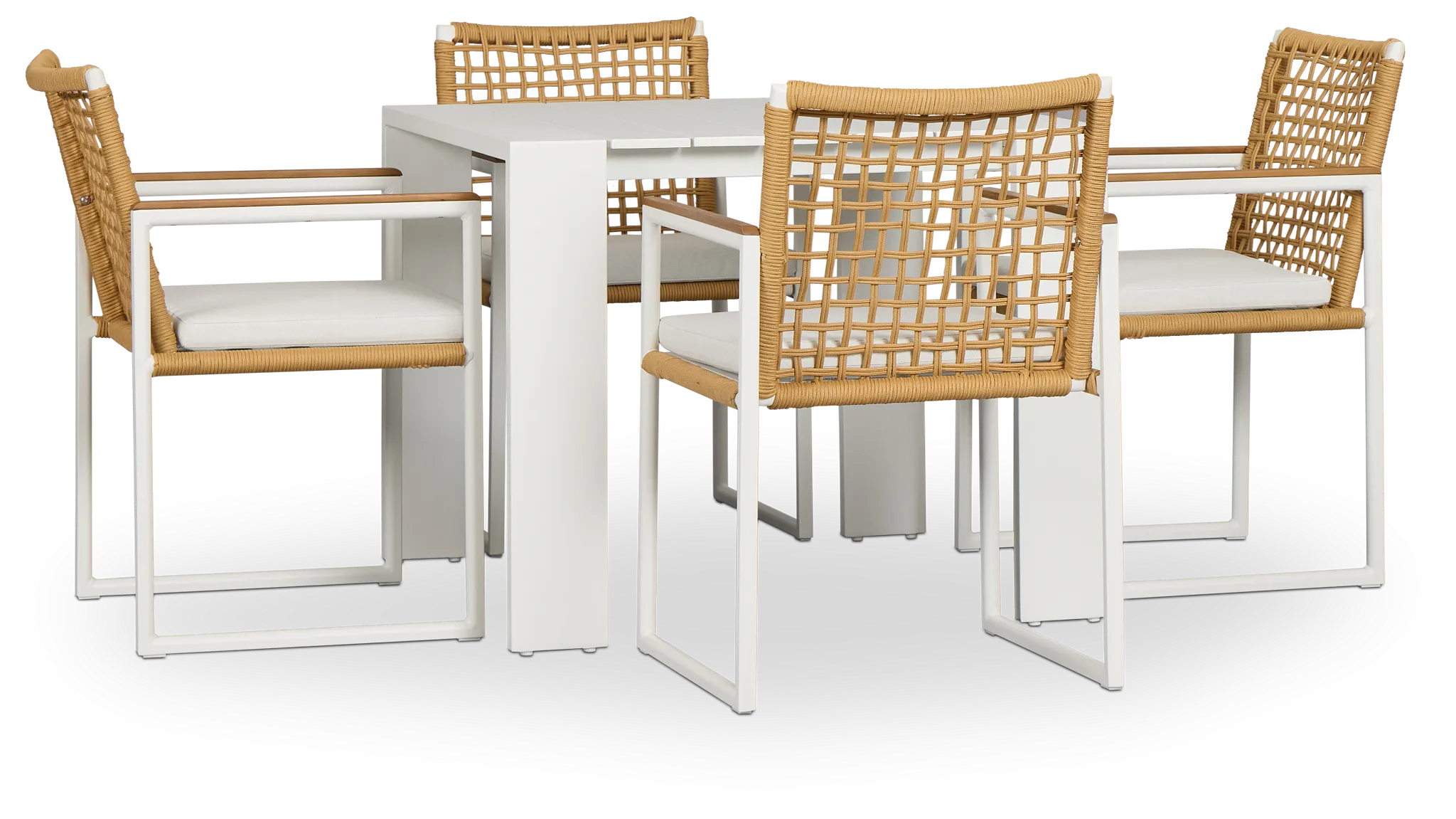 Sunrise White 35" Square Table & 4 Teak Arm Chairs