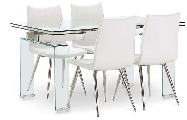 Wynwood Glass Rect Table & 4 White Upholstered Chairs