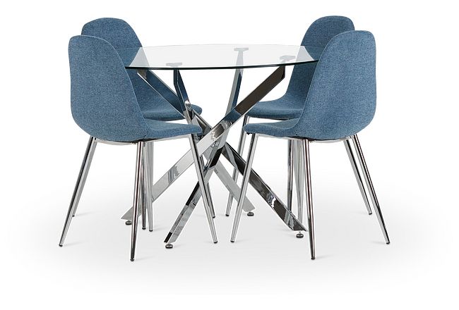Havana Chrome Blue Round Table & 4 Upholstered Chairs