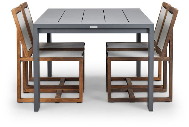 Linear Dark Gray 70" Aluminum Table & 4 Teak Sling Side Chairs