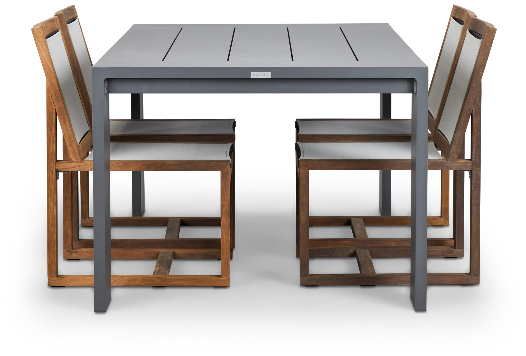 Linear Dark Gray 70" Aluminum Table & 4 Teak Sling Side Chairs