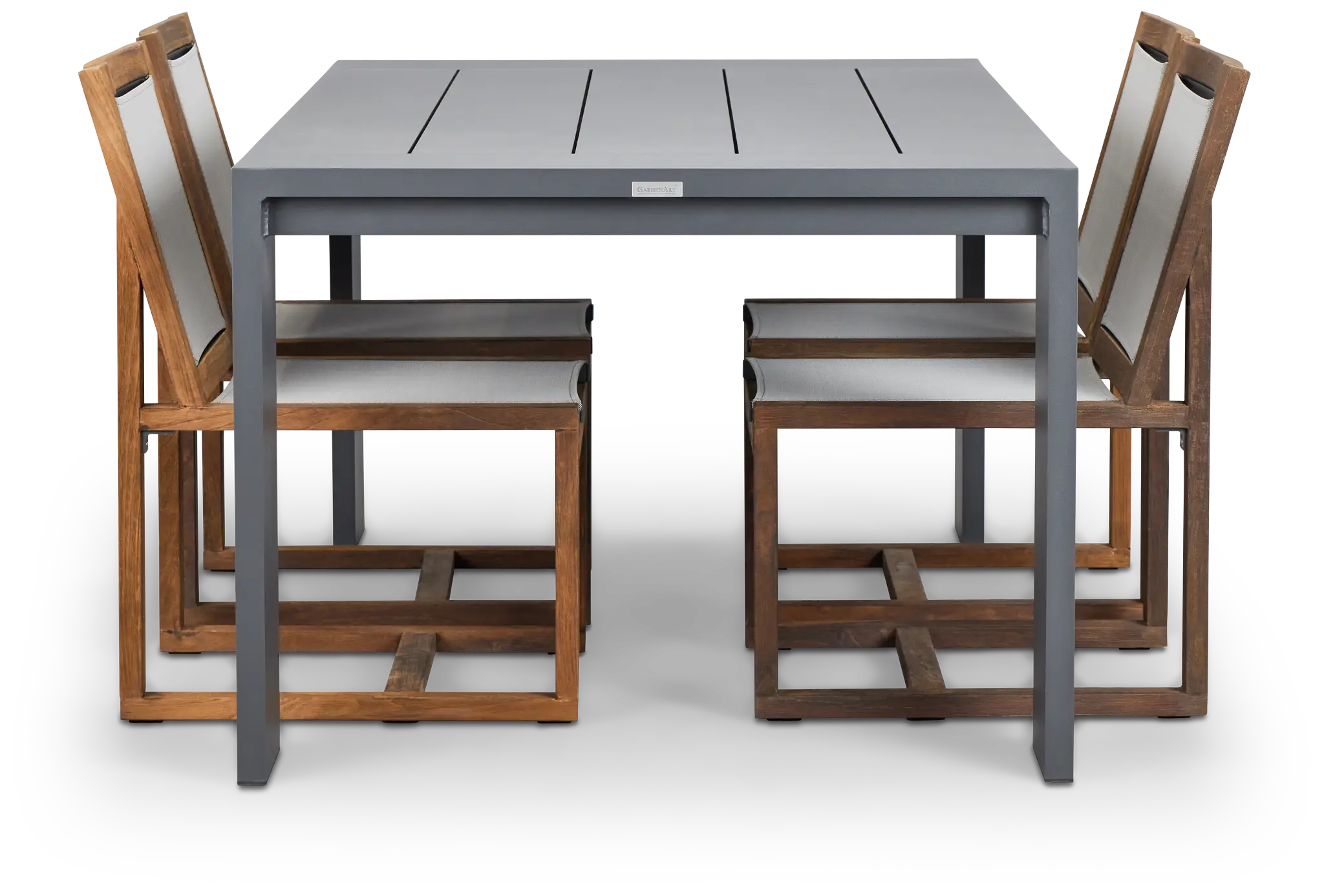 Linear Dark Gray 70" Aluminum Table & 4 Teak Sling Side Chairs Linear Dark Gray 70" Aluminum Table & 4 Teak Sling Side Chairs