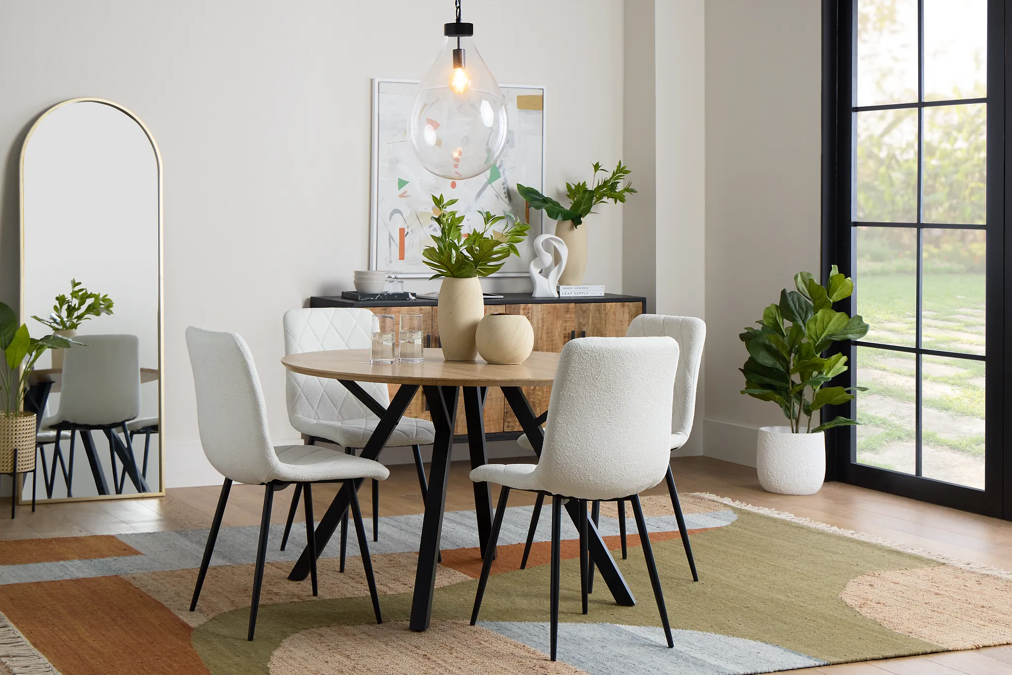 Lynden Light Tone Round Table & 4 White Upholstered Side Chairs