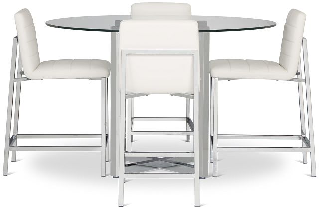 Amalfi White Glass High Table & 4 Upholstered Barstools