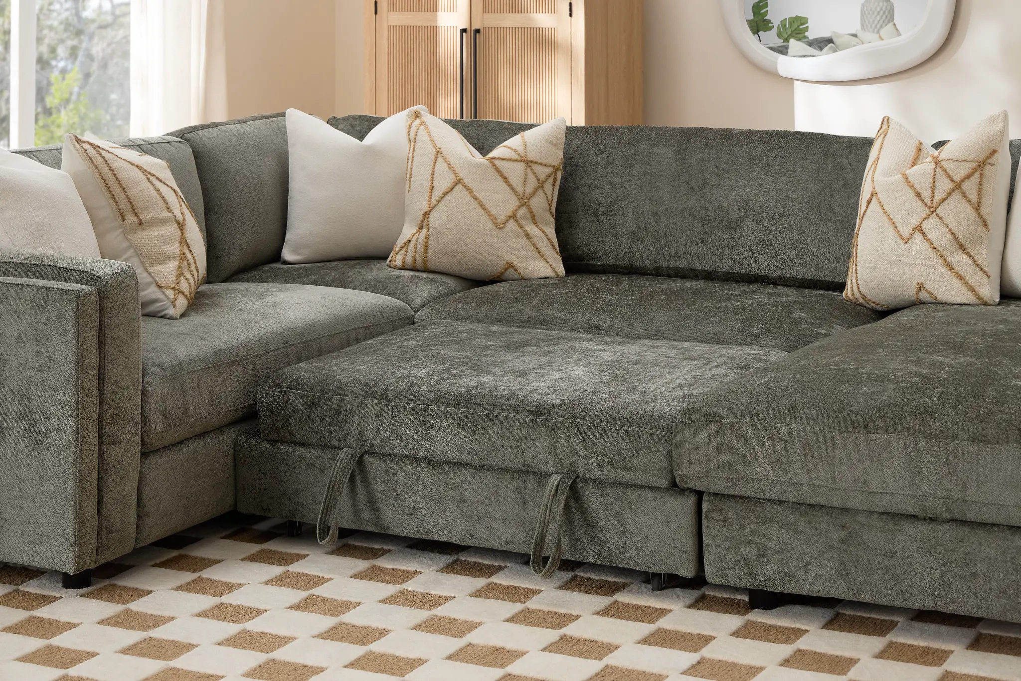 Farren Dark Green Fabric Medium Right Chaise Sleeper Sectional Farren Dark Green Fabric Medium Right Chaise Sleeper Sectional