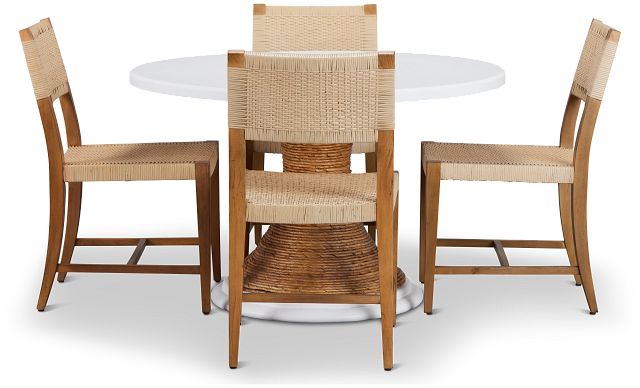 Boca Grande White Light Tone Round Table & 4 Woven Chairs