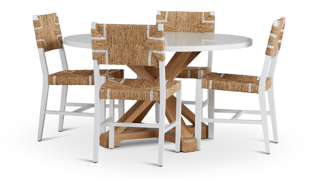 Nantucket Two-tone White Round Table & 4 Woven Chairs