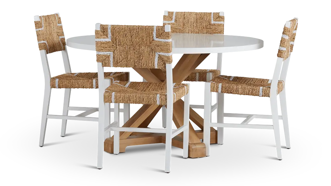 Nantucket Two-tone White Round Table & 4 Woven Chairs Nantucket Two-tone White Round Table & 4 Woven Chairs