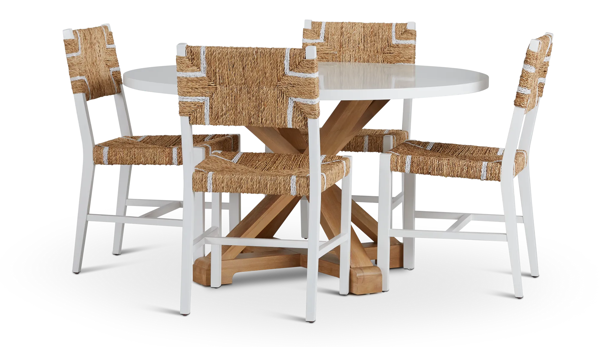 Nantucket Two-tone White Round Table & 4 Woven Chairs