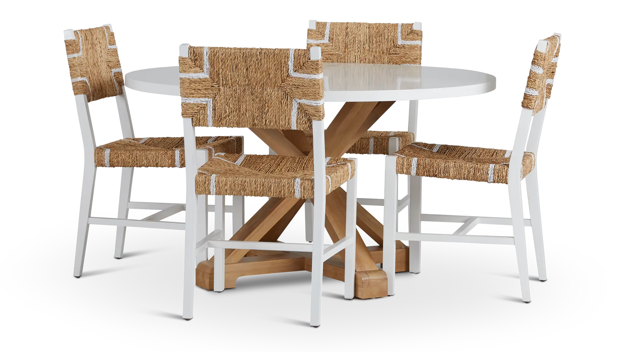 Nantucket Two-tone White Round Table & 4 Woven Chairs Nantucket Two-tone White Round Table & 4 Woven Chairs