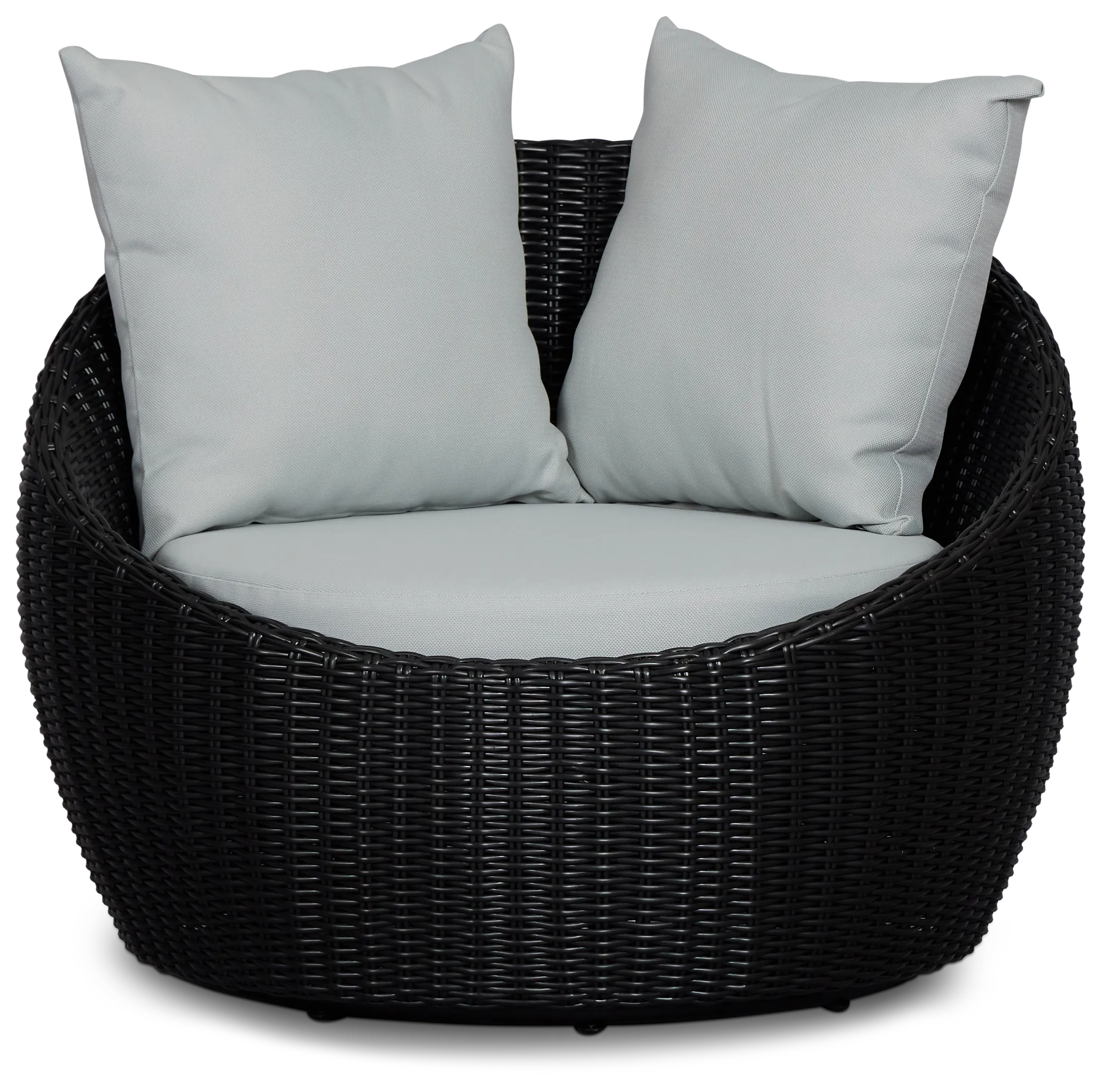 Montecito Black Curved Swivel Chair With Light Blue Cushions