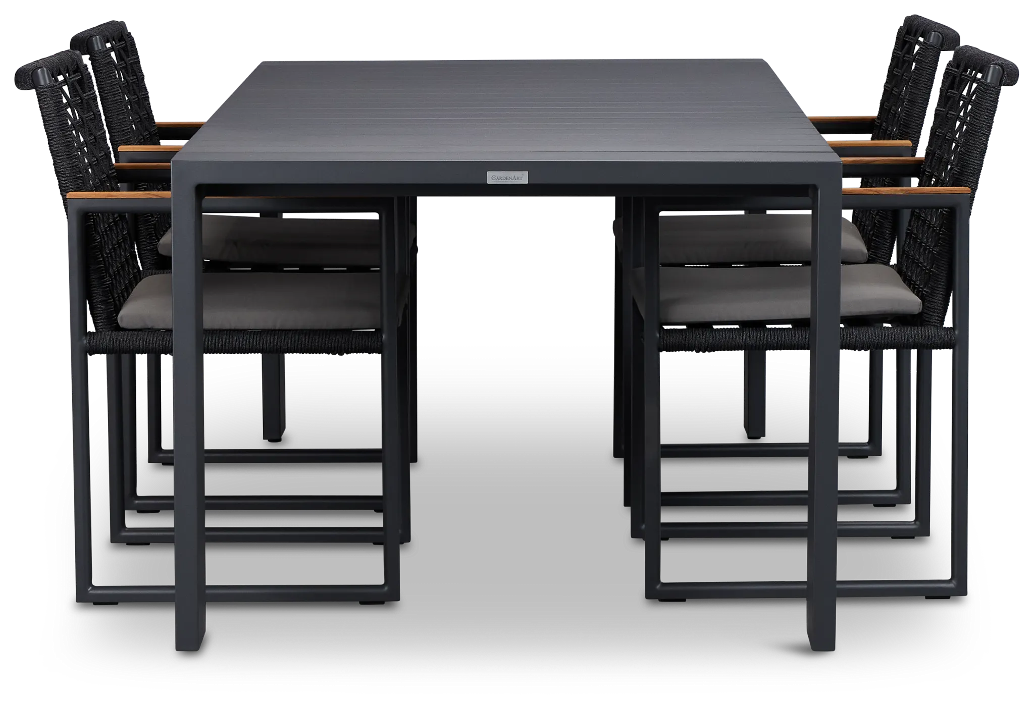 Sunrise Dark Gray 86" Rectangular Table & 4 Teak Arm Chairs