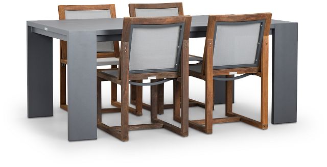 Linear Dark Gray 70" Aluminum Table & 4 Teak Sling Side Chairs