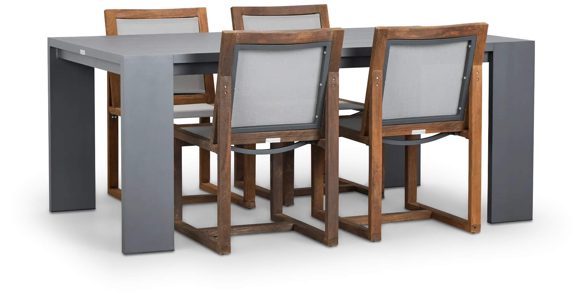 Linear Dark Gray 70" Aluminum Table & 4 Teak Sling Side Chairs Linear Dark Gray 70" Aluminum Table & 4 Teak Sling Side Chairs