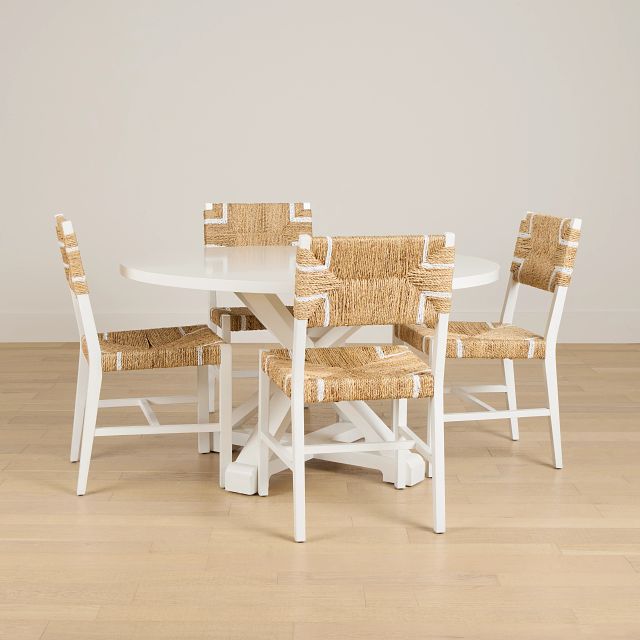 Nantucket White Round Table & 4 Woven Chairs