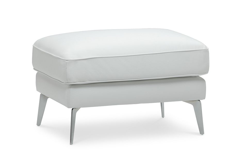 Naples White Leather Ottoman With Metal, Large White Leather Footstool
