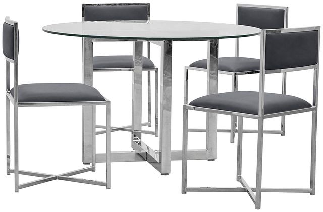 Amalfi Gray Glass Round Table & 4 Metal Chairs
