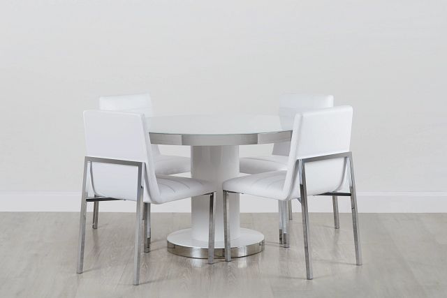 Miami9 White 47" Round Table & 4 Upholstered Chairs