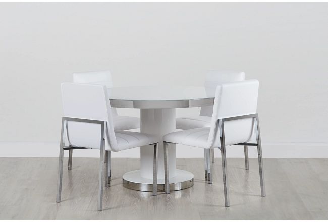 Miami9 White 47" Round Table & 4 Upholstered Chairs