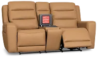 Wilder Brown Leather Power Reclining Console Loveseat With Refrigerator