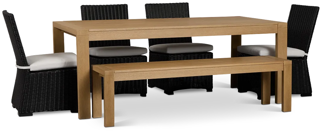 Montecito Mid Tone Table, 4 Chairs & Bench With Light Beige Cushions