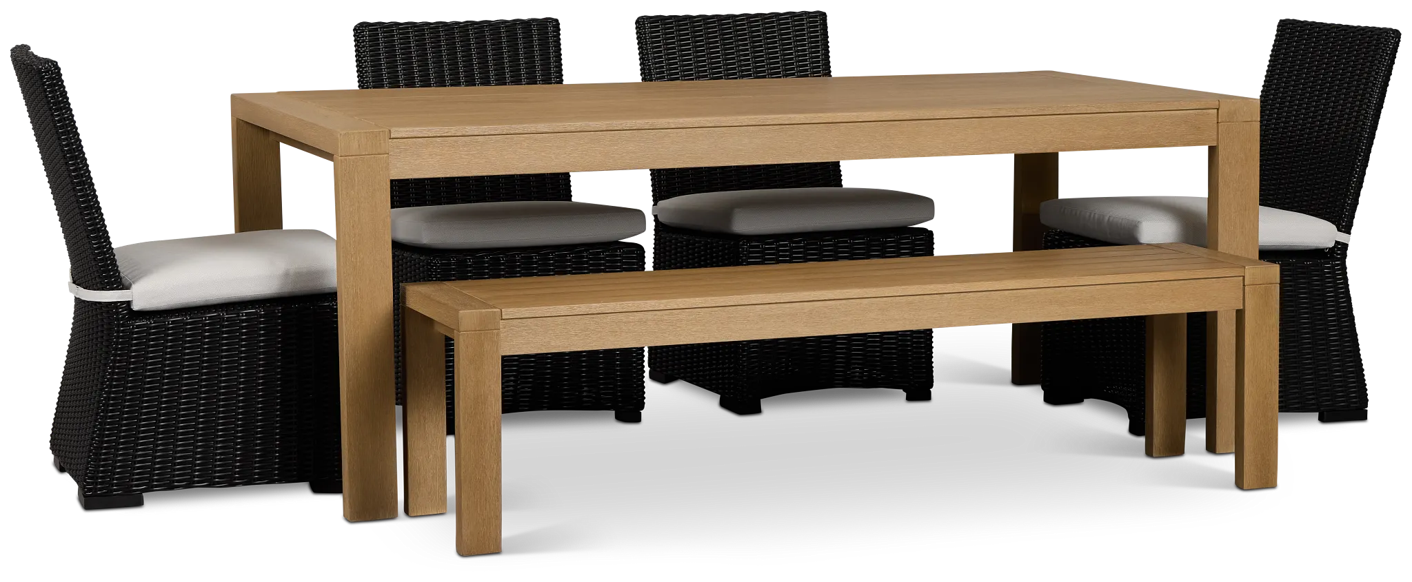 Montecito Mid Tone Table, 4 Chairs & Bench With Light Beige Cushions