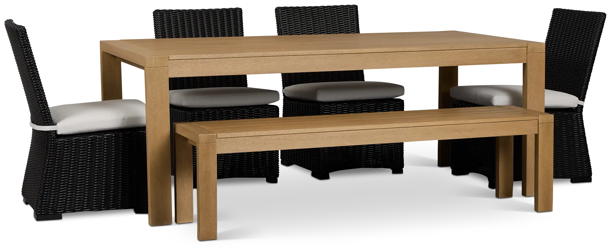 Montecito Mid Tone Table, 4 Chairs & Bench With Light Beige Cushions Montecito Mid Tone Table, 4 Chairs & Bench With Light Beige Cushions