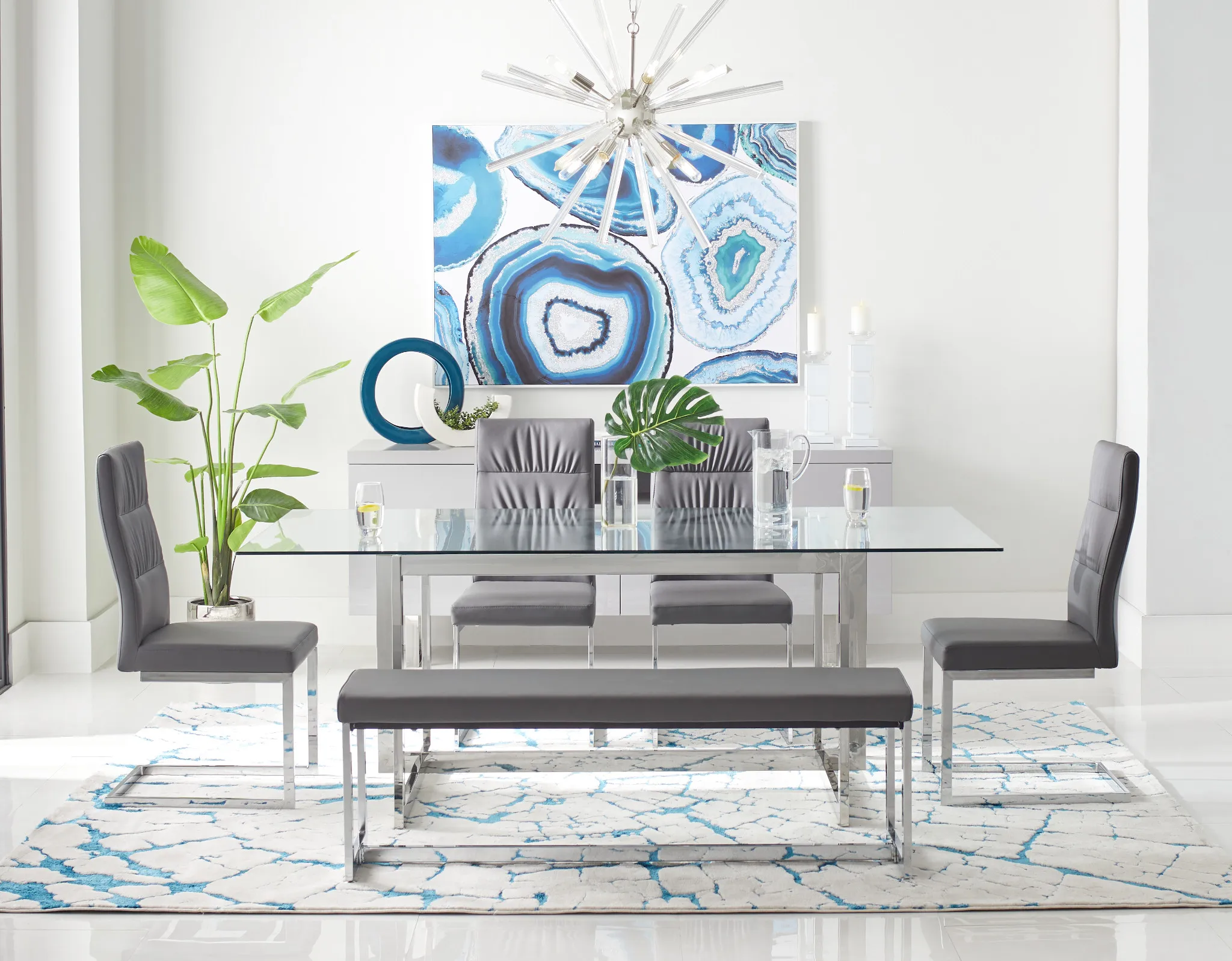 Bronx Glass Gray Table, 4 Chairs & Bench