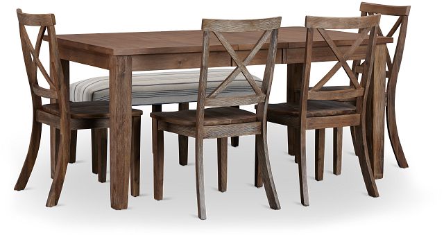 Woodstock Light Tone Wood Table, 4 Chairs & Bench