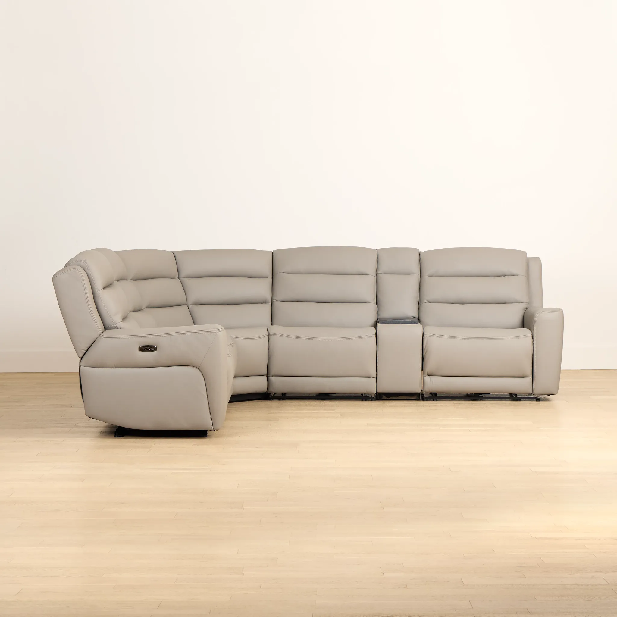Wilder Taupe Leather Medium Tri Power Sectional W/refrigerated Console
