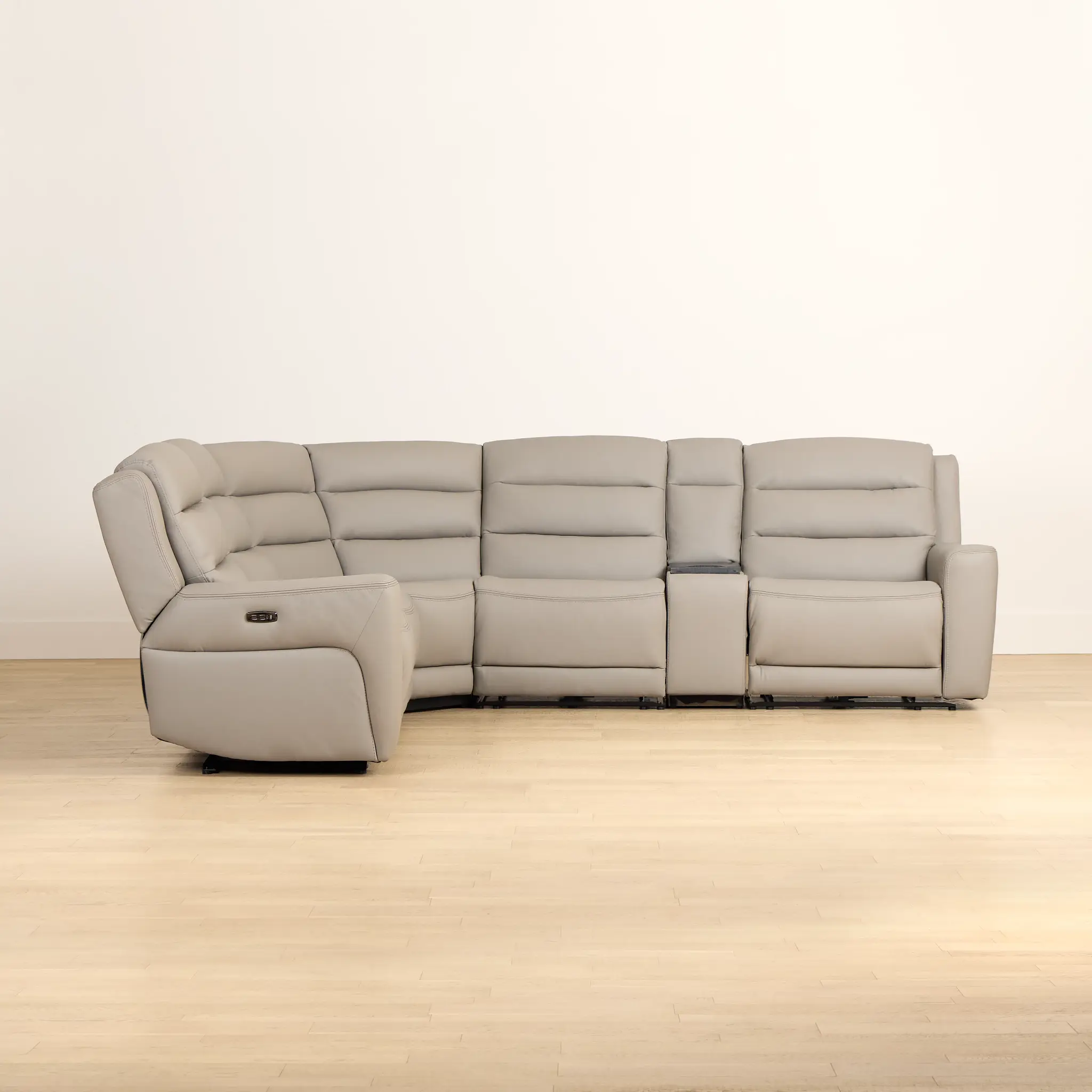 Wilder Taupe Leather Medium Tri Power Sectional W/refrigerated Console Wilder Taupe Leather Medium Tri Power Sectional W/refrigerated Console