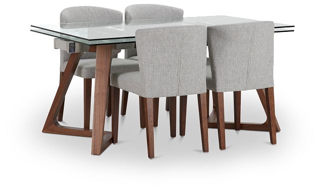 Fresno Glass Lt Gray Rectangular Table & 4 Upholstered Chairs