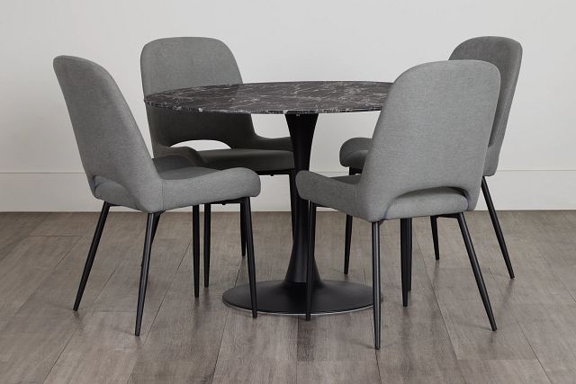 Brela Black Marble Round Table & 4 Gray Upholstered Chairs