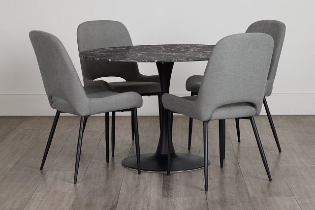 Brela Black Round Table & 4 Gray Upholstered Chairs