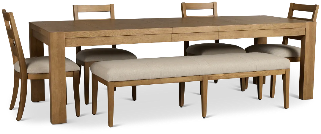 Tahoe Light Tone Rect Table With 4 Wood Side Chairs & Bench