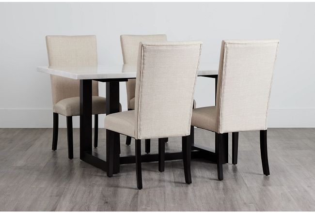 Paloma White Marble Rectangular Table & 4 Upholstered Chairs