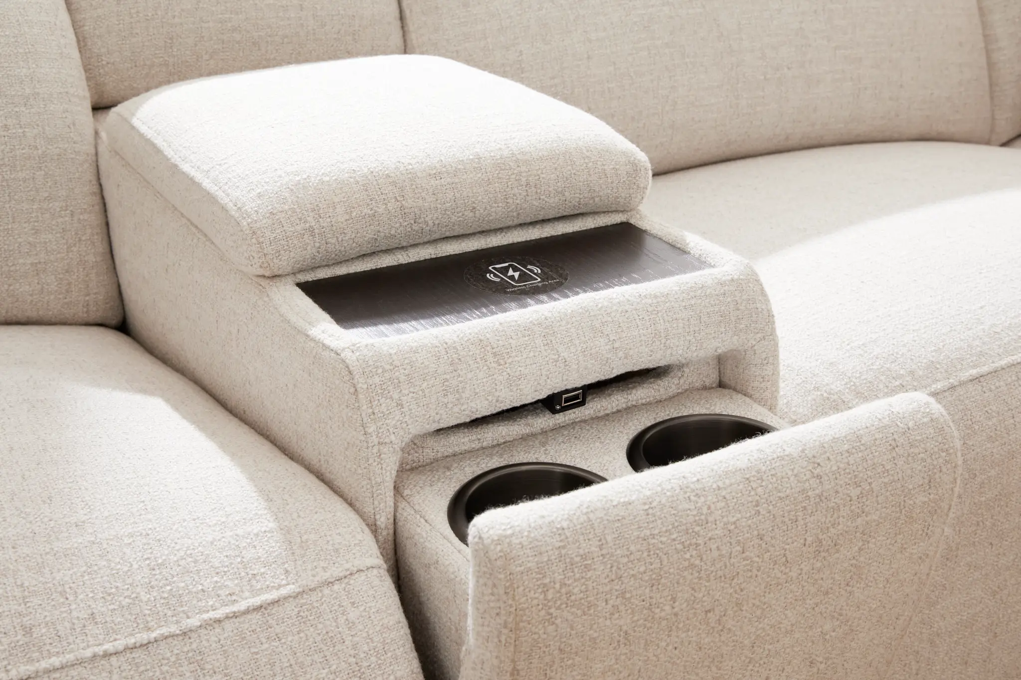 Ellis Light Beige Fabric Large Triple Power Reclining Two-arm Sectional Ellis Light Beige Fabric Large Triple Power Reclining Two-arm Sectional