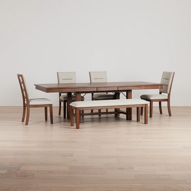 Park City Dark Tone Rect Table With 4 Upholstered Side Chairs & Bench