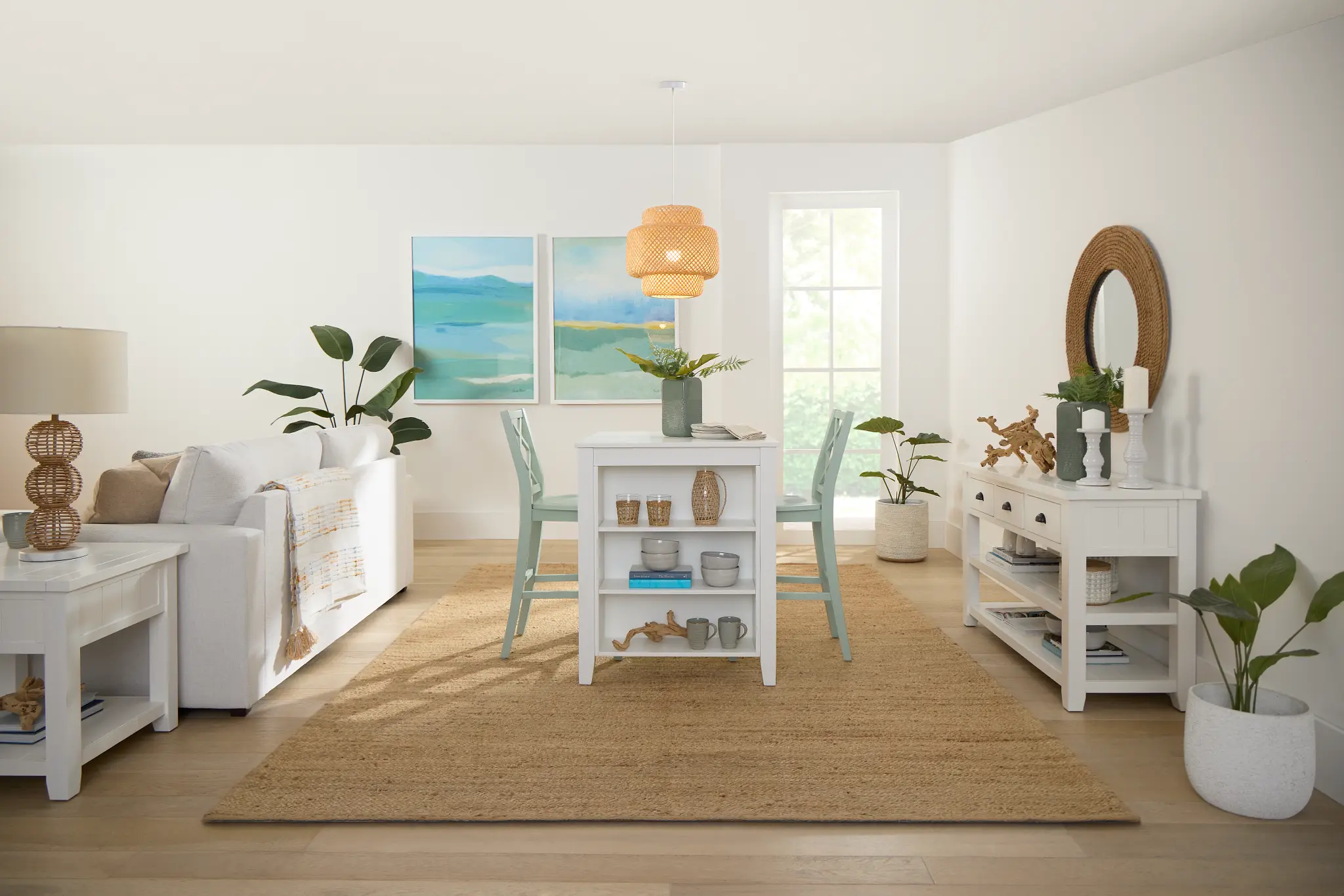 Edgartown White Storage High Table & 2 Light Blue Wood Barstools Edgartown White Storage High Table & 2 Light Blue Wood Barstools