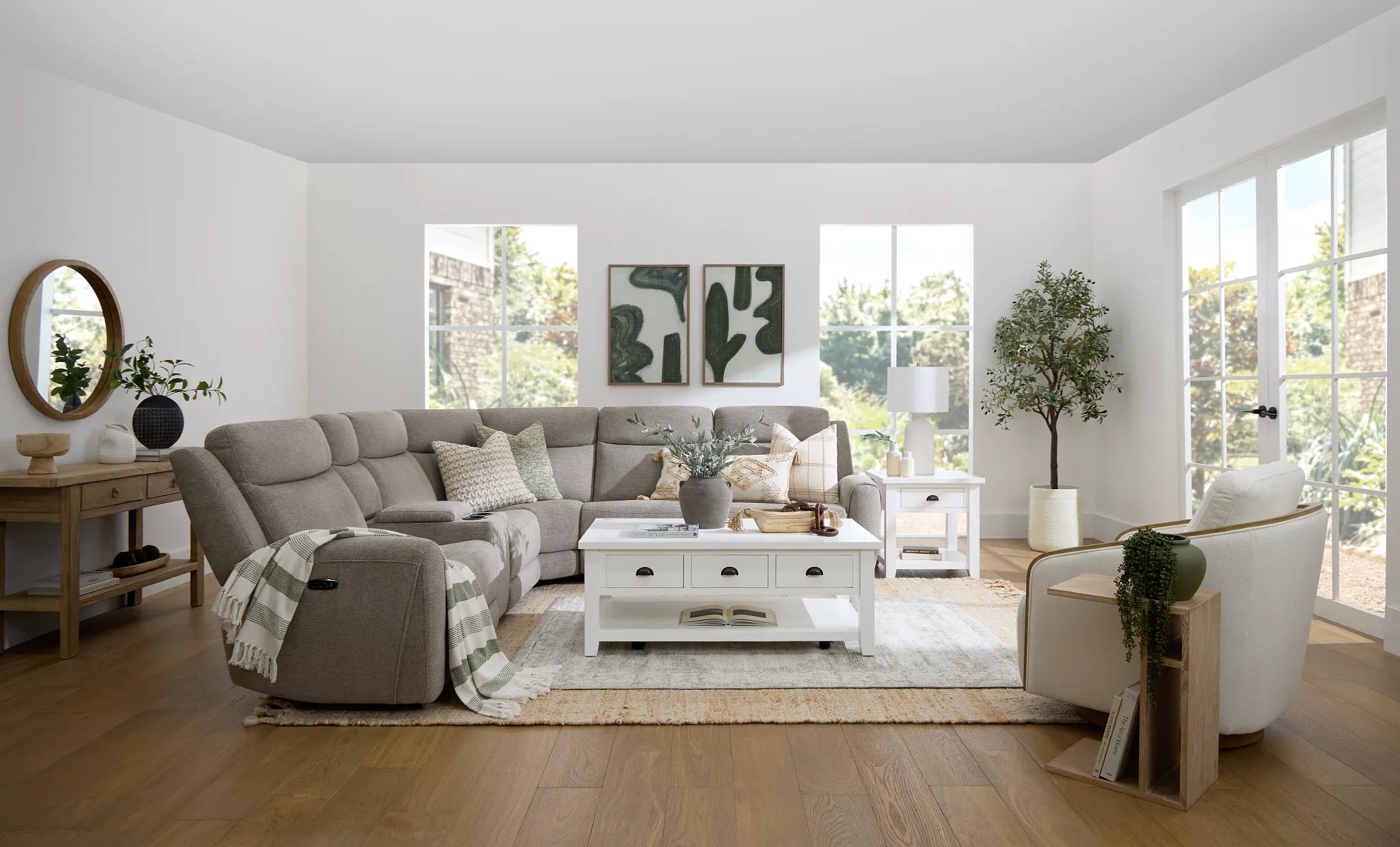 Walker Beige Fabric Medium Triple Power 2-arm Sectional